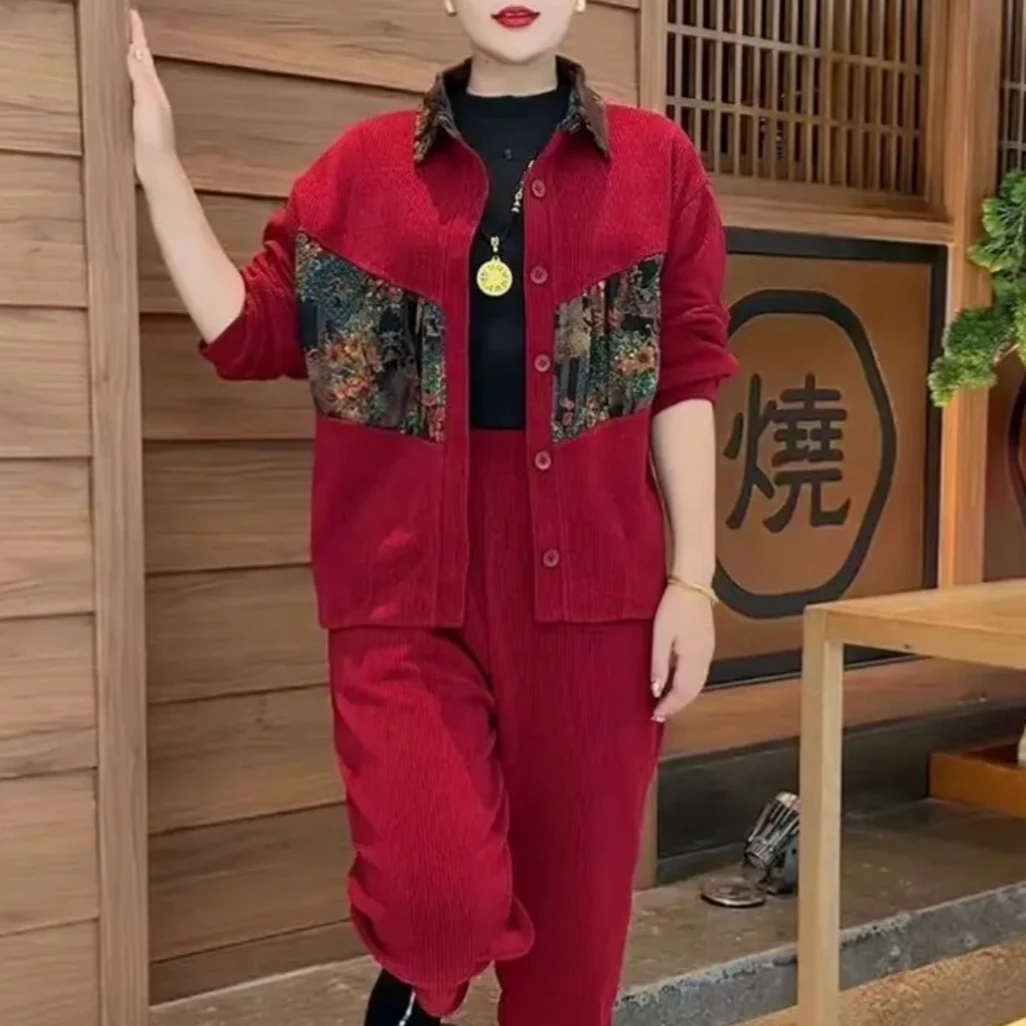 百搭印花2025春秋款百搭减龄女装两件套新款宽松大码中老年妈妈装