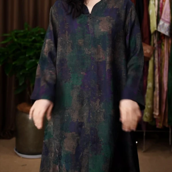 夏季国风斜襟春季新中式连衣裙重磅宽松旗袍印花中长款大码