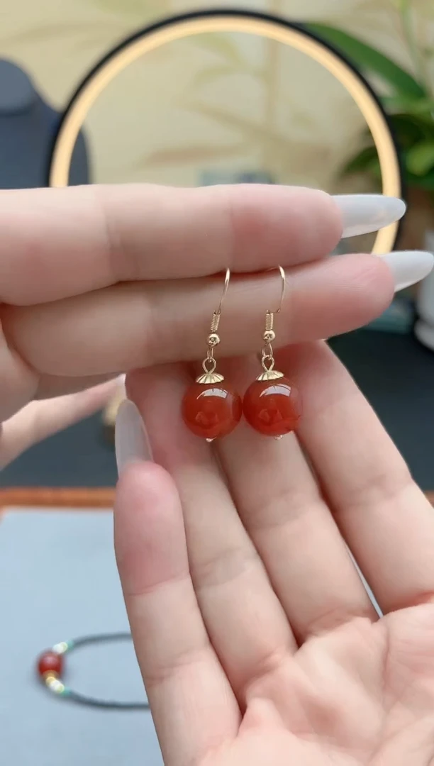 玛瑙/玉髓耳饰银S925镶嵌916红色单珠