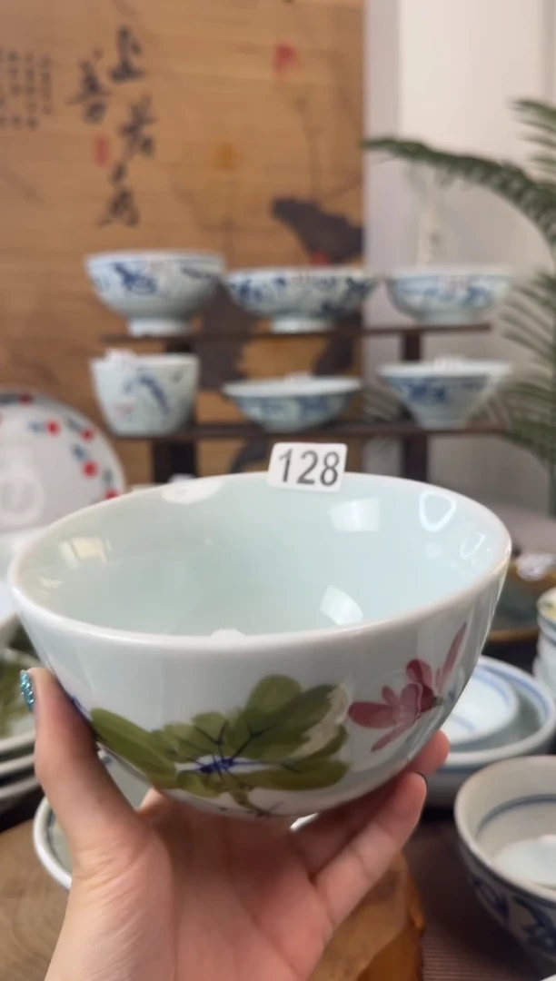明舟一级品手绘6寸小足面碗（单只装随机图案）