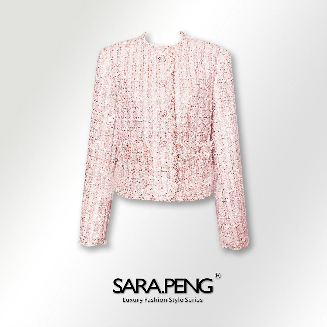 S.PENG香粉/新款粉色高端手工钻亮片圆领名媛小香风轻奢百搭外套
