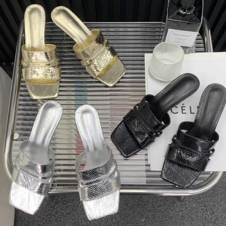 2025年夏季新款方头细跟中跟纯色拖鞋一字式高跟女凉拖室外穿女鞋