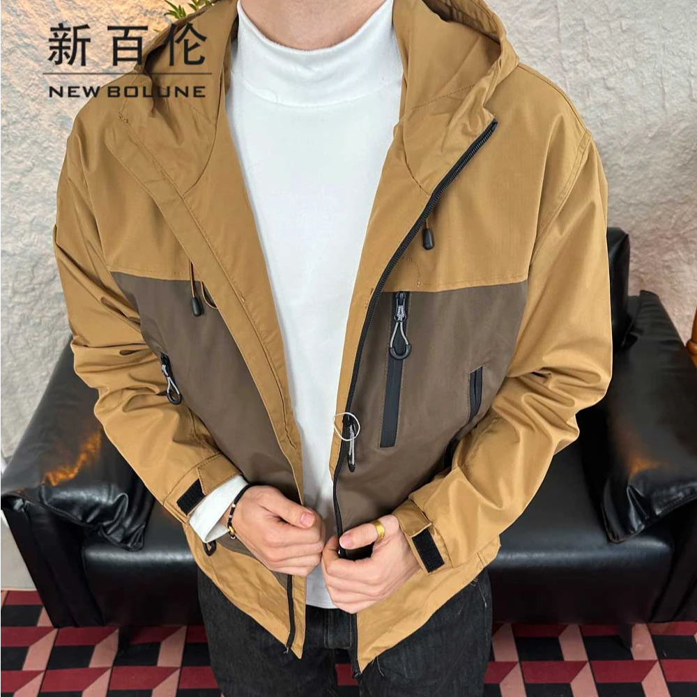 新百伦休闲百搭山系连帽韩版拼接冲锋衣拼色春秋撞色男品质夹克