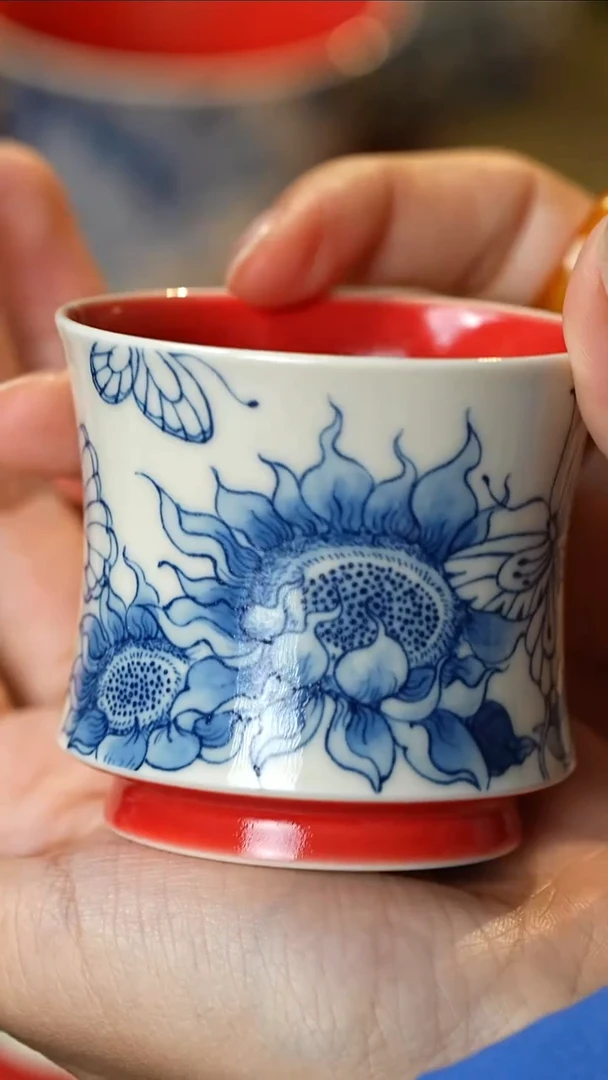 雨香斋柿子红花卉折腰杯