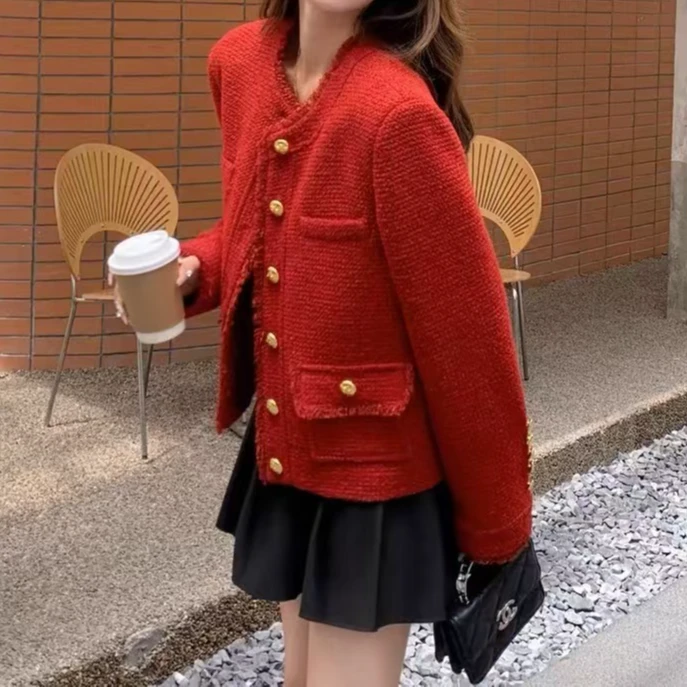 ZYY【圣诞套装—红外套】2024S/S新品 复古红百搭小香风X24QW8201