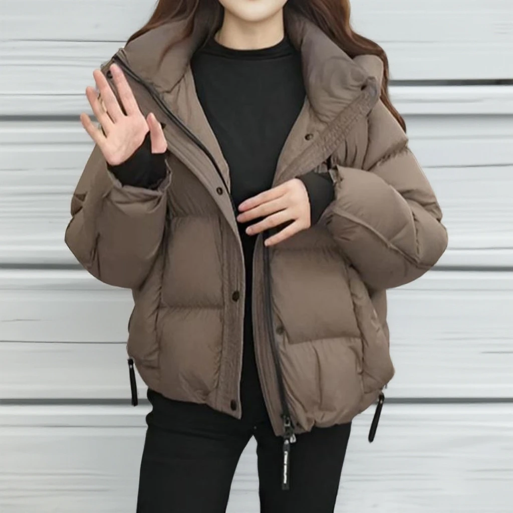 新款连帽服2025冬季短款加厚宽松面包保暖时尚显瘦外套咖色百搭