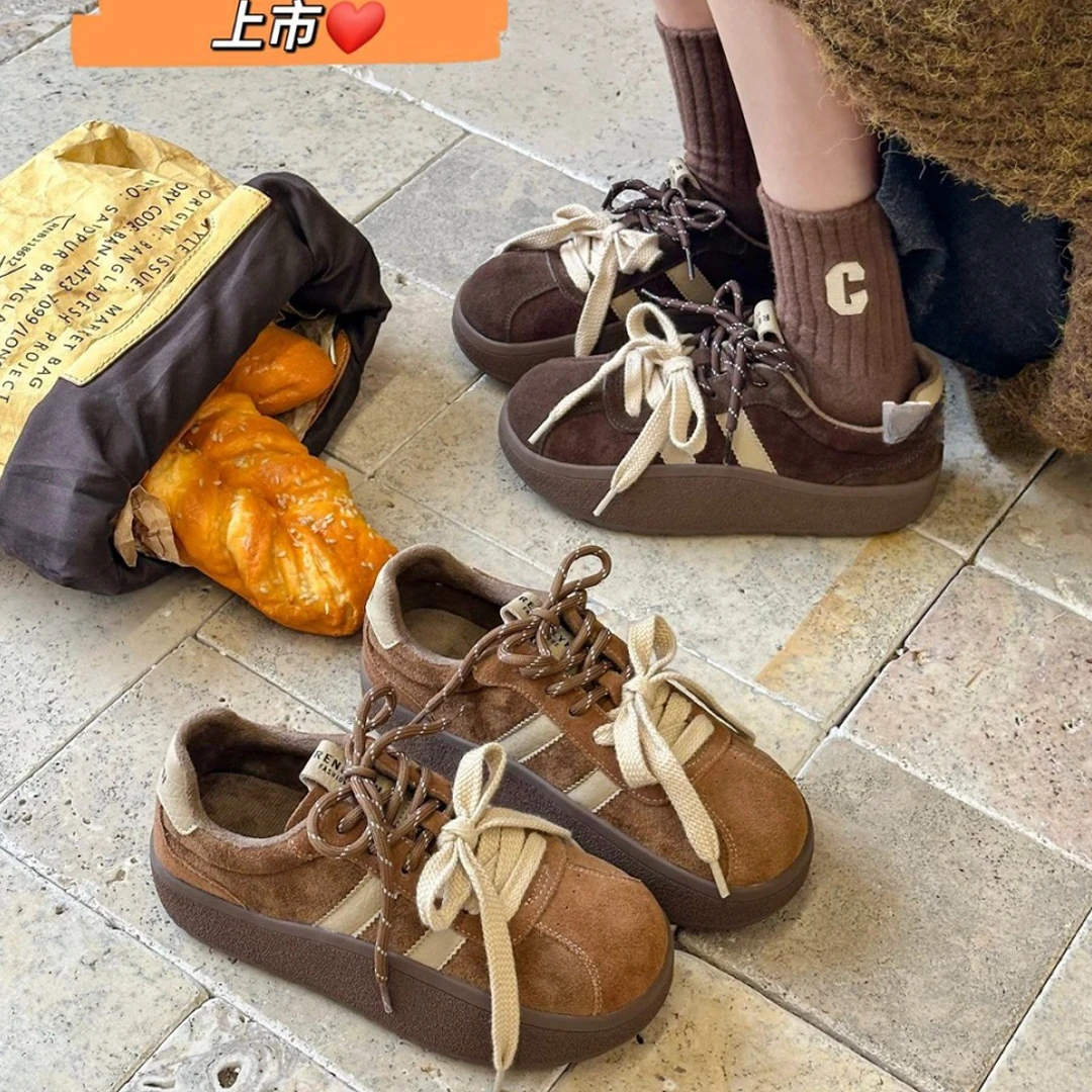 软皮拼色德训鞋女2025秋季新款厚底系带休闲鞋舒适轻便百搭运动鞋