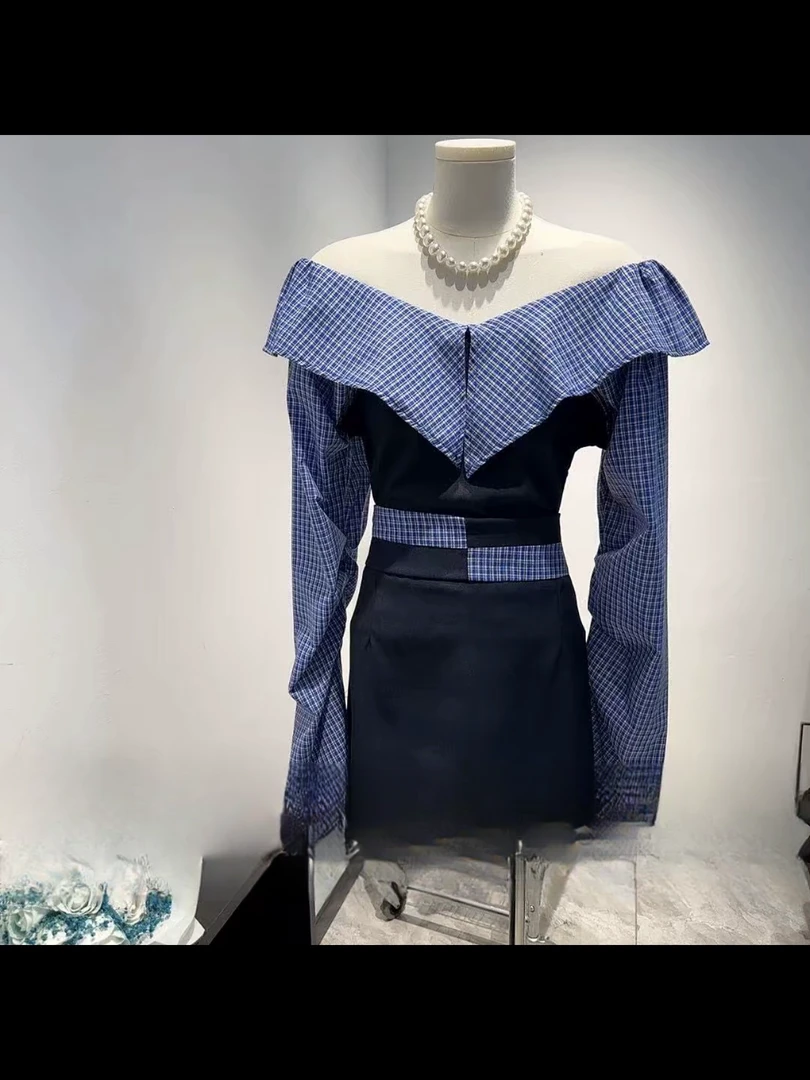 洋小闹【玉暖蓝田】蓝色气质时尚百搭女士格子套装轻奢