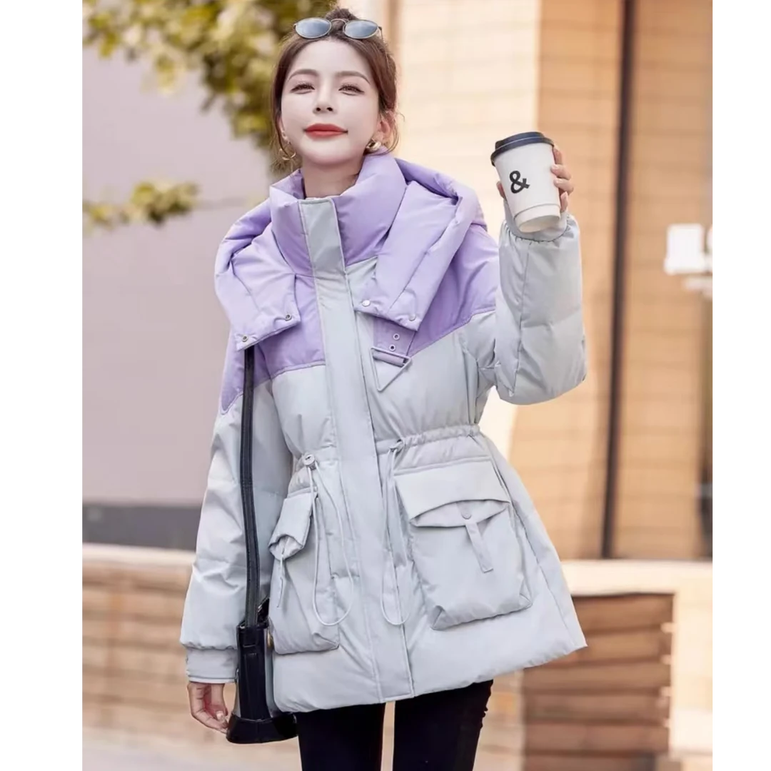 紫灰拼接新款冬装保暖上衣时尚中长款