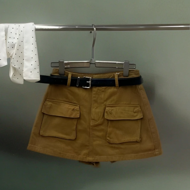 口袋褶皱短裙高腰纯色美式半身裙秋冬时尚国风爵士短牛仔L8760#