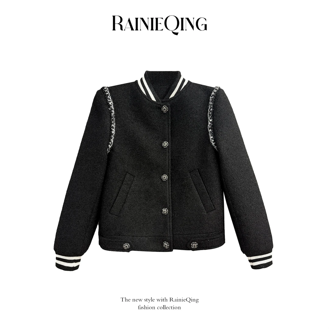 RainieQing【嘉柏丽黑】经典撞色设计感织带毛呢外套女