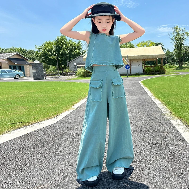 女童装夏季时髦洋气套装6-12岁15岁中大儿童毛边背心阔腿裤两件套