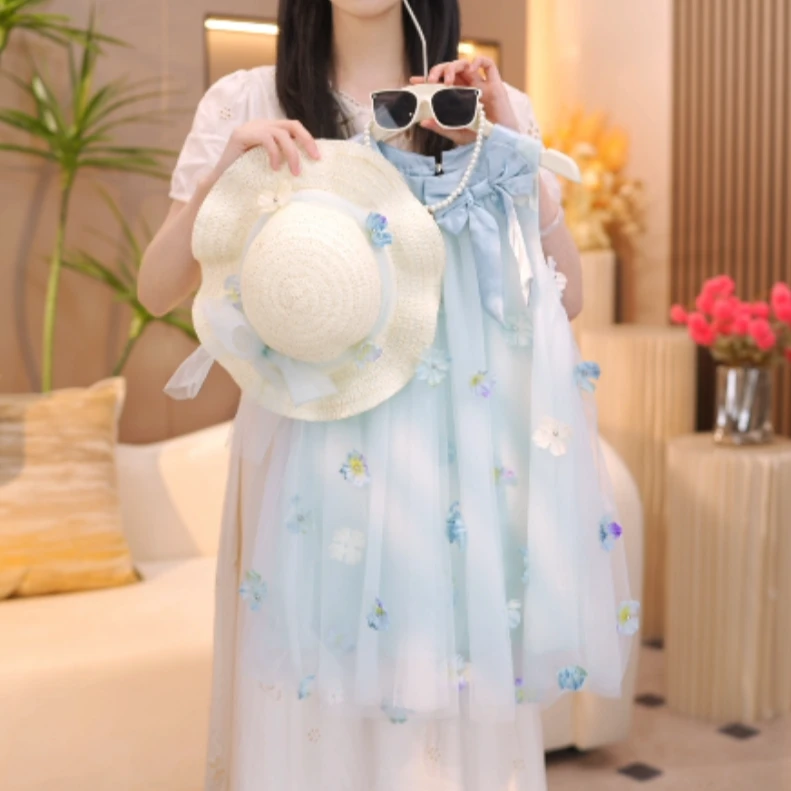 女童连衣裙2025夏装新款洋气立体花朵蝴蝶结公主连衣裙