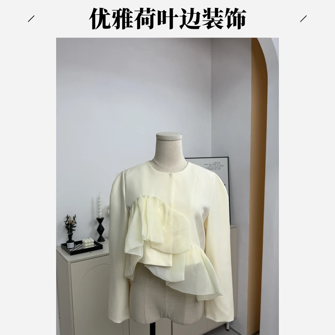 春季新款不规则设计感欧根纱艺术圆领西装外套设计师