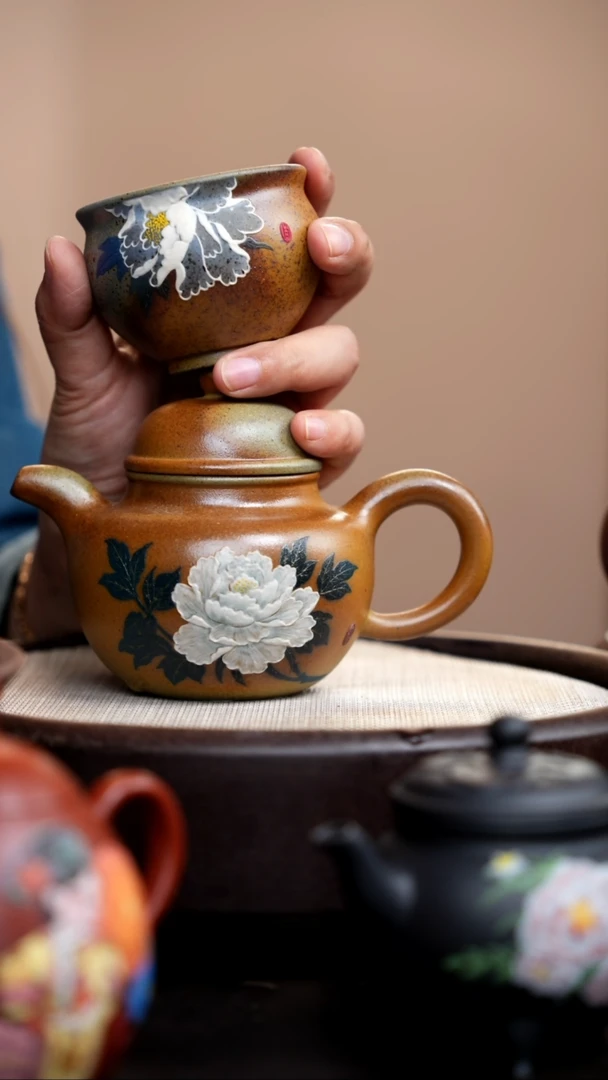 茶壶紫砂柴烧白牡丹掇球+杯