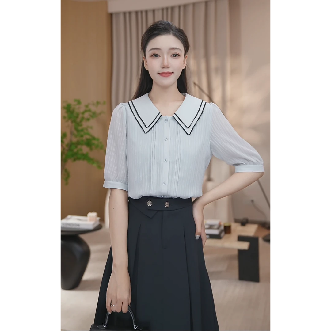 【曼贝】气质风短袖衬衫女时尚百搭设计感职业上衣8592271琳琳