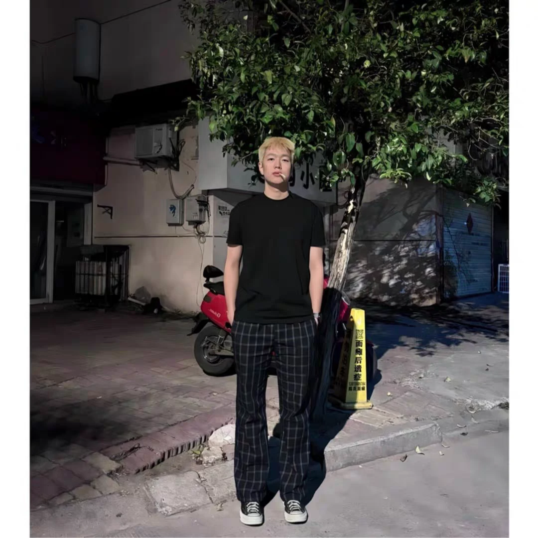 何以【同款】vintage美式复古格子裤男微喇弯刀裤子宽松直筒休闲裤