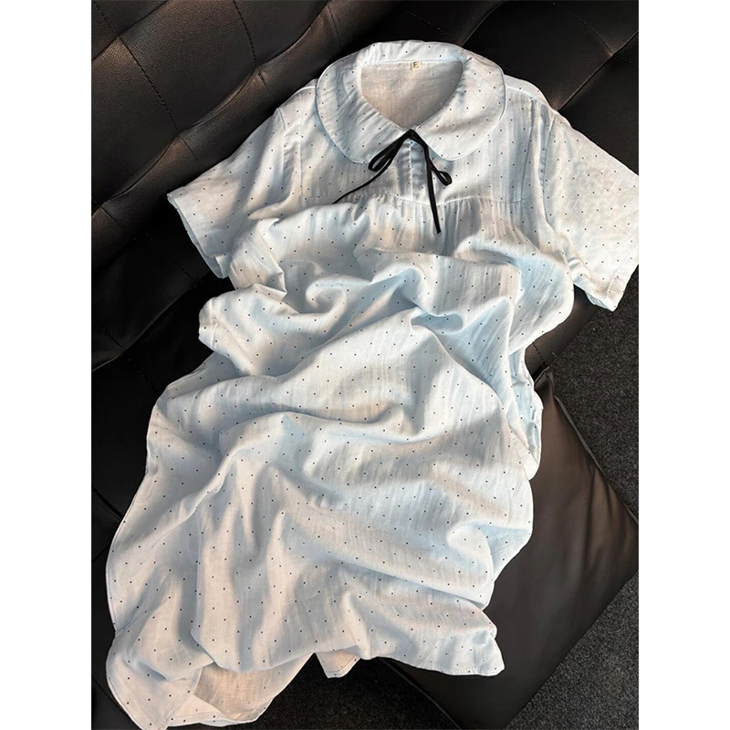 【日系甜美】baby蓝色系带短袖睡裙女夏2025新款大码波点家居裙子