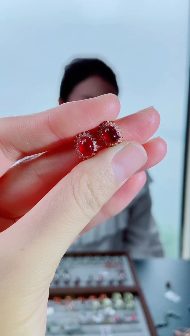 银S925镶嵌耳饰红宝石耳饰