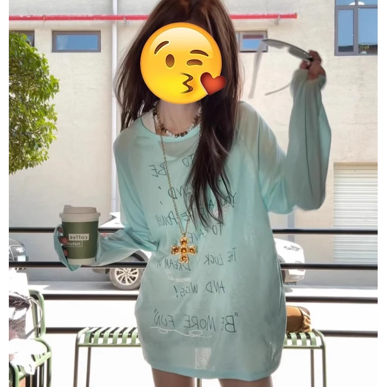 薄荷绿长袖T恤女夏季微透薄款防晒罩衫韩系慵懒宽松oversize上衣