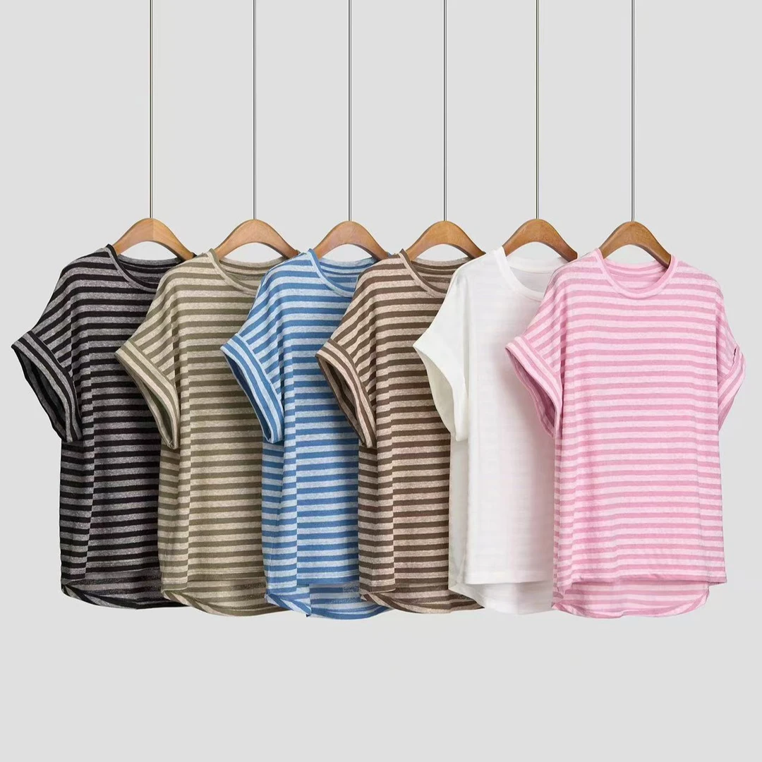 多色条纹薄款圆领夏季短T~时尚休闲百搭透气简约春夏宽松韩版