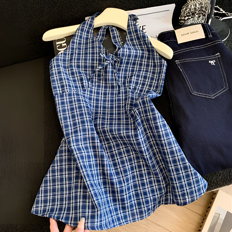 2025夏季新款蝴蝶结格子修身背心上衣法式复古v领系带挂脖吊带女