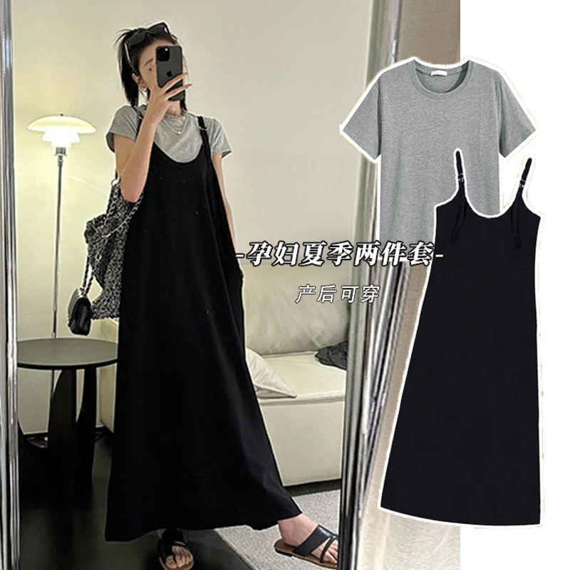 孕妇夏季新款灰色短袖连衣裙套装时尚韩版黑色显瘦背带裙产后可穿
