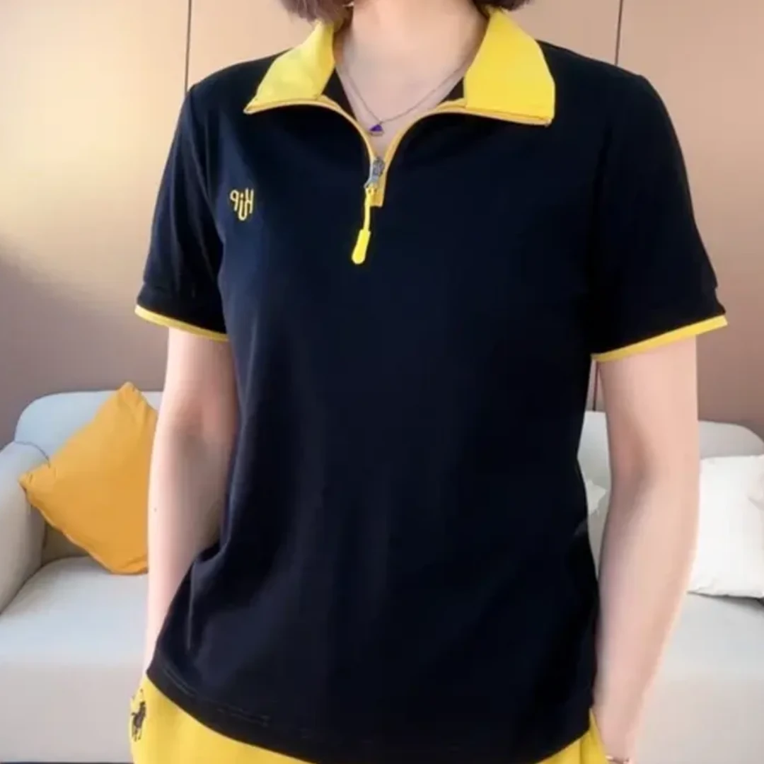 2025夏季新款女士时尚简约百搭宽松遮肉显瘦拼色立领短袖T恤