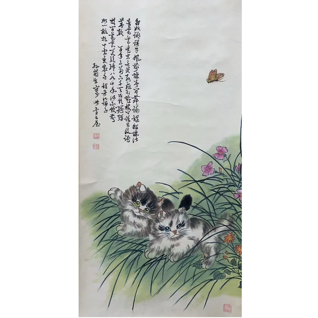 孙菊生款猫立轴100*50 4.5平尺