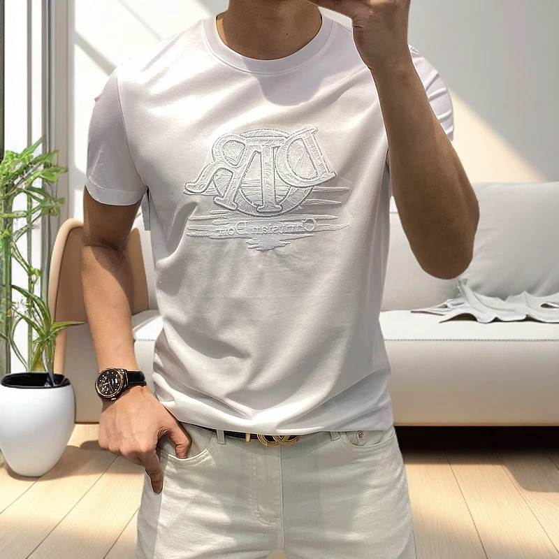 维麦帕通男士丝光棉短袖T恤夏季新款圆领刺绣烫钻修身半袖体恤