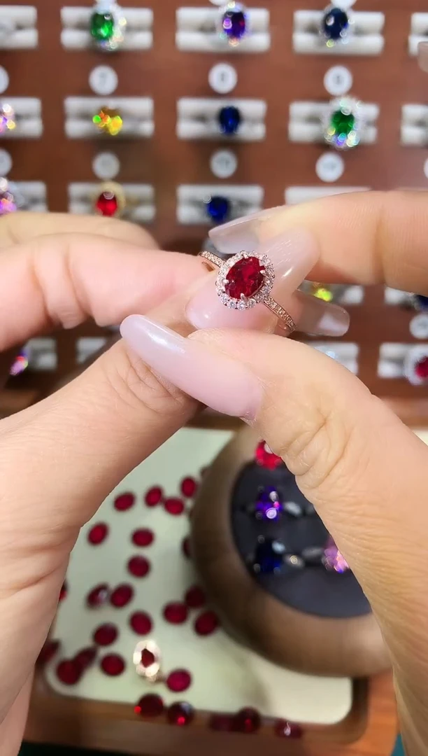 银S925镶嵌戒指红宝石57酒红玫瑰金