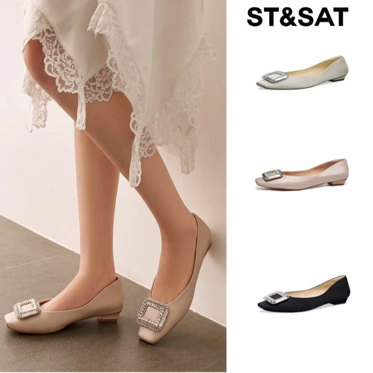 星期六新闪烁方扣绒面羊皮低跟2CM一脚蹬单鞋SSC31110SP