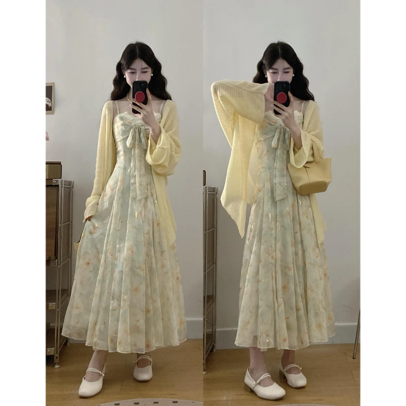 大码【涟心蕊】蕾丝花边蝴蝶结清新碎花吊带大裙摆连衣裙慵懒风开衫