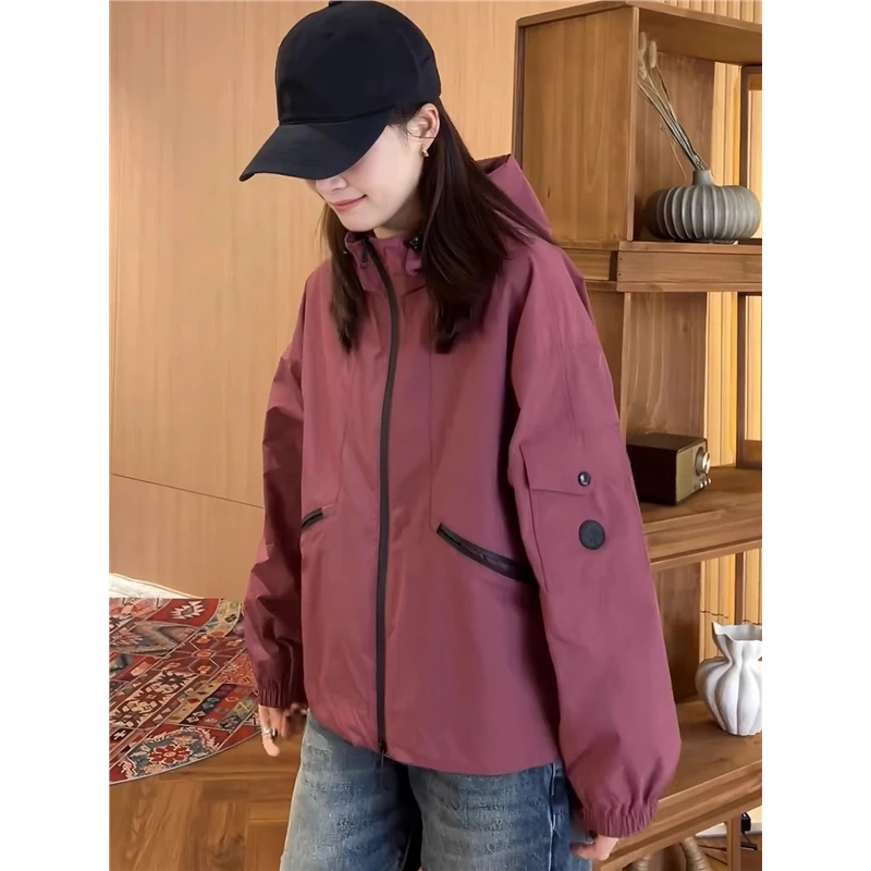 韩版爆款树莓色连帽短款工装外套秋季新款休闲冲锋衣宽松上衣