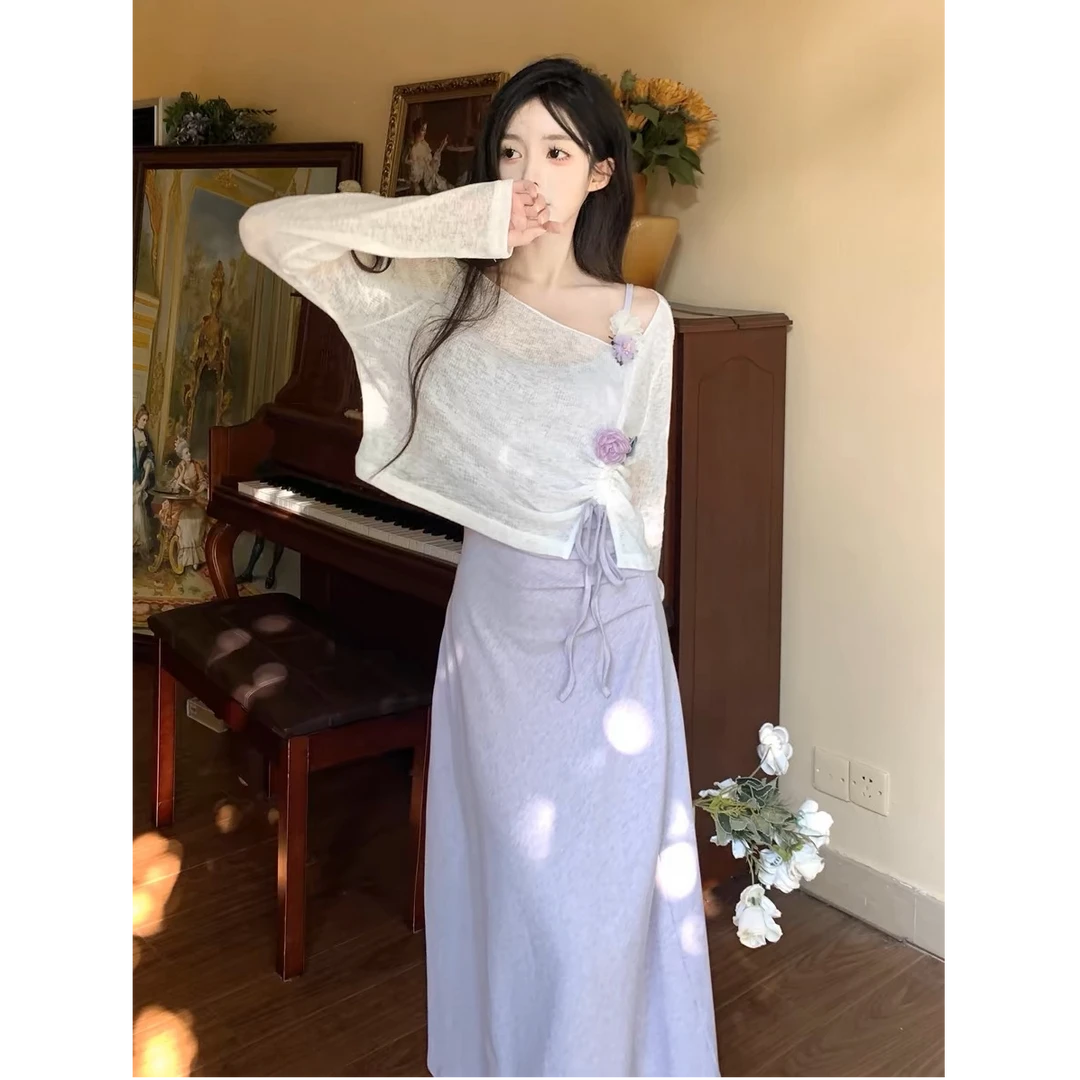 鹿向南《木槿》杏色开衫紫色吊带裙开春出游套装2025女装QJD00254