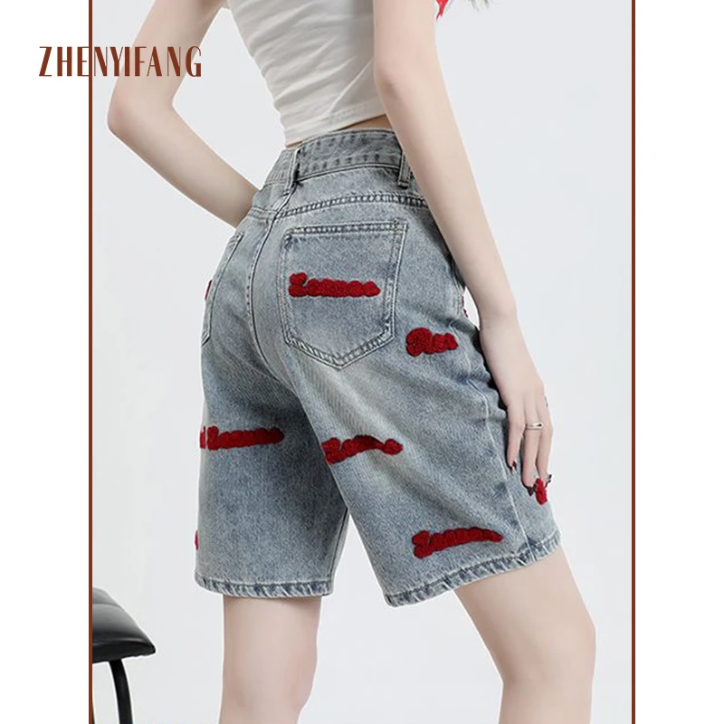 真衣坊2025春季五分裤刺绣直筒牛仔短裤拉长腿部线条