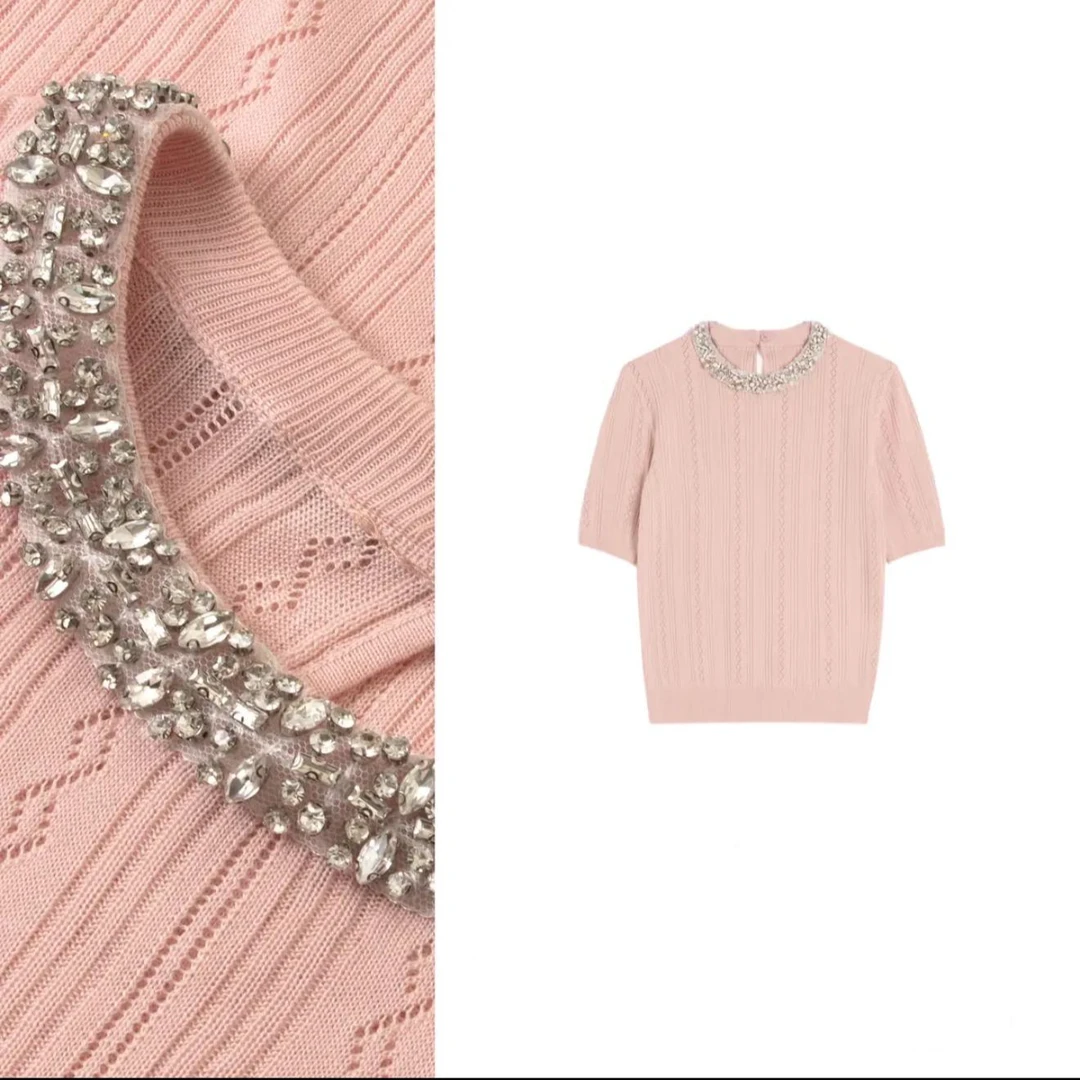 【华依素】夏季100天丝薄款圆领时尚短袖上衣小香风气质设计感套头