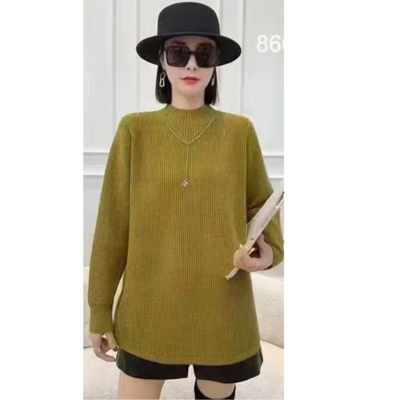 7702-链条款半高领中长毛衣（芥末黄）