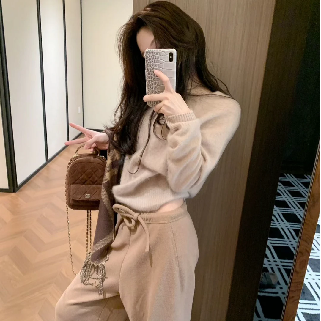 慵懒风外穿长袖套头针织上衣气质显瘦洋气休闲宽松长裤时尚两件套