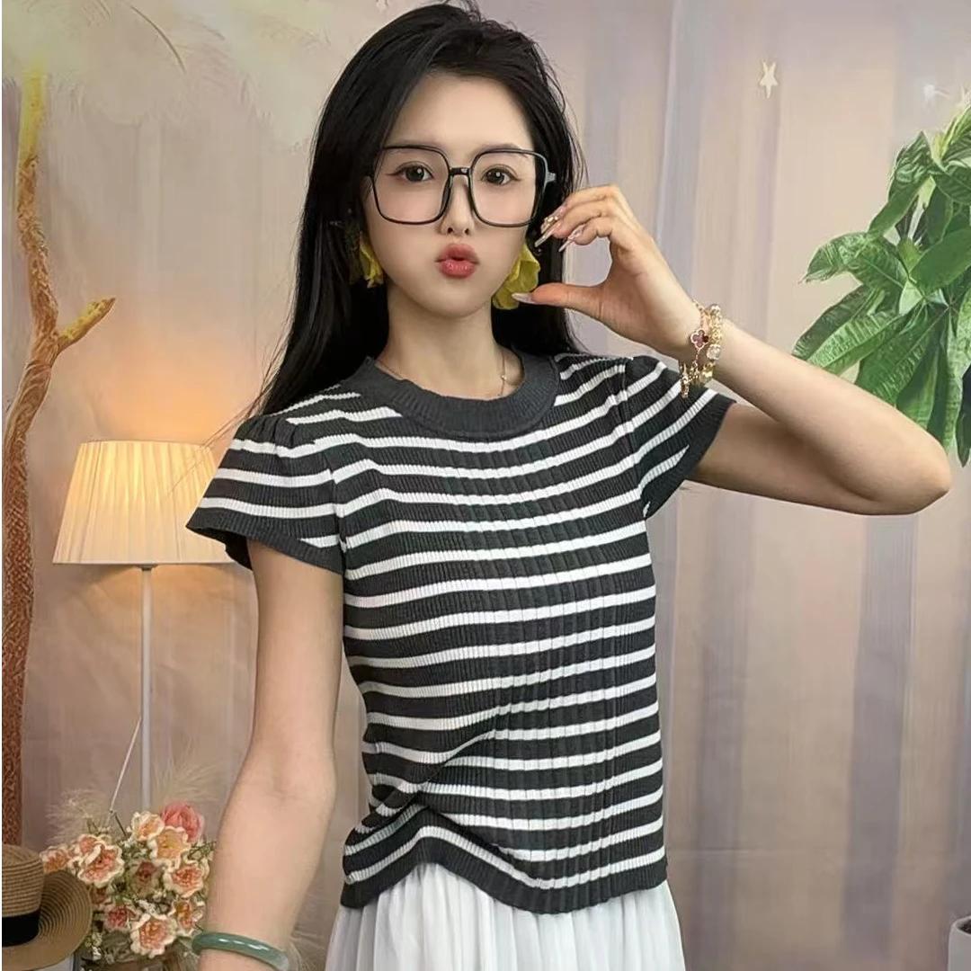 设计感条纹撞色冰丝小飞袖针织上衣女夏短款修身显瘦洋气短袖T恤