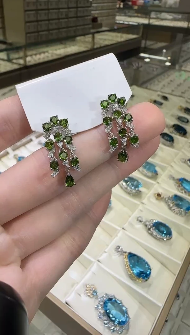 银S925镶嵌透辉石耳钉耳坠设计款流苏