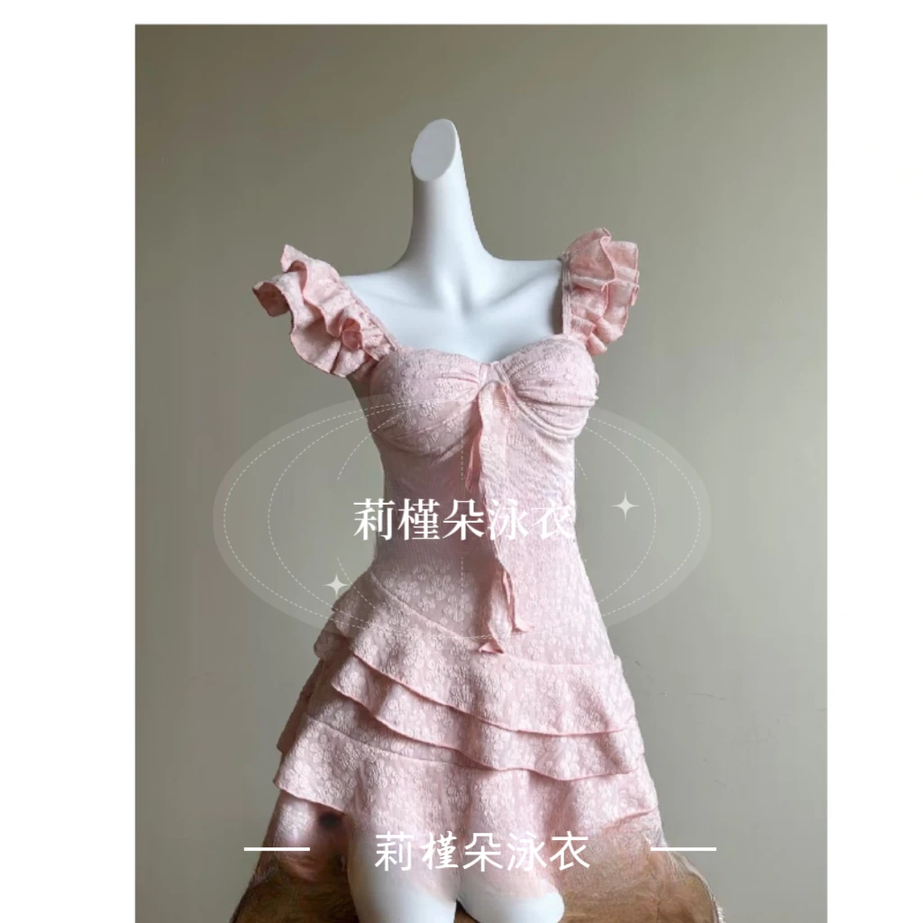 钢圈定型杯连体裙平角短裤泳衣少女感粉粉多层裙摆女式遮肉泳衣