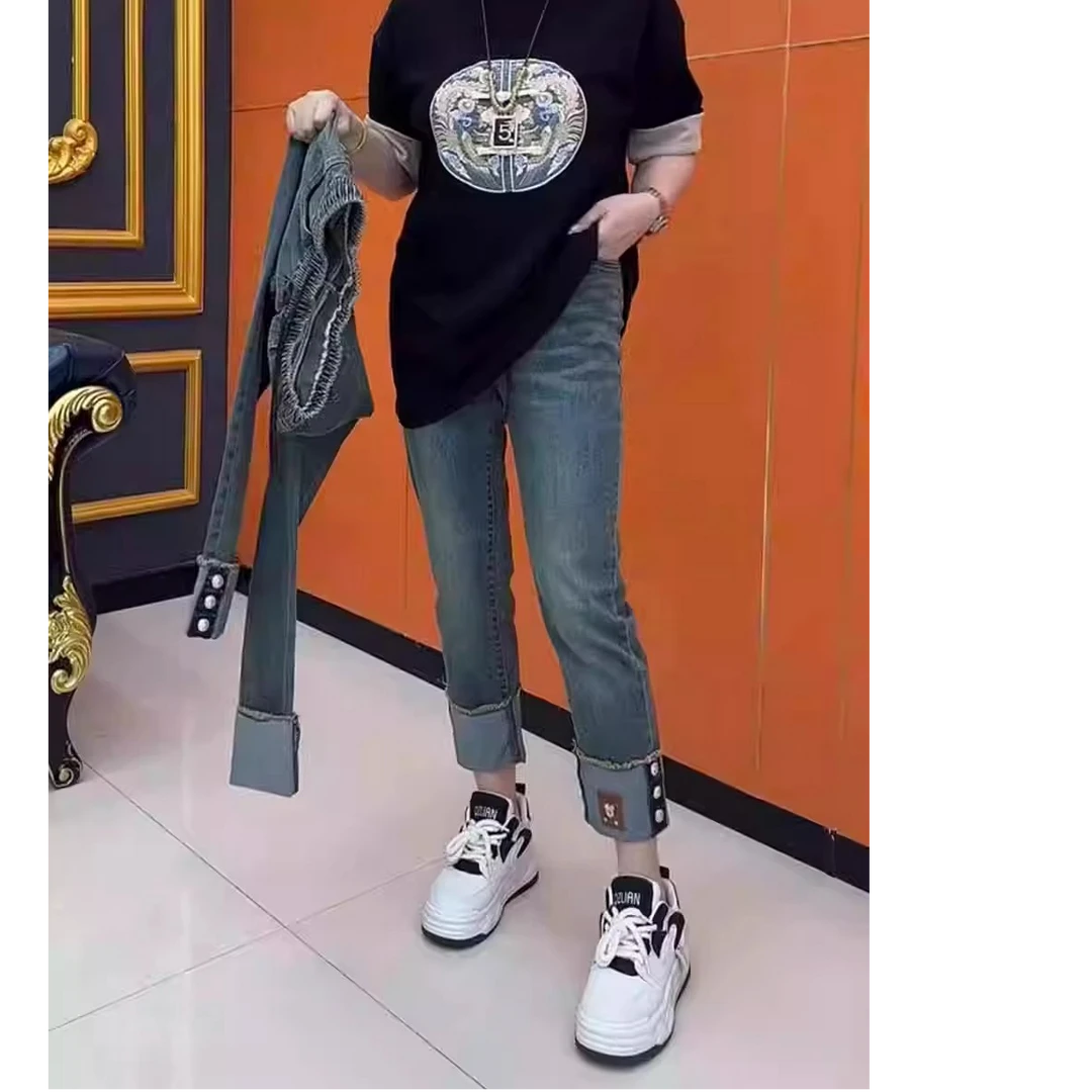 大码女装小个子高腰显瘦窄版直筒牛仔裤女夏季新款百搭九分烟管裤