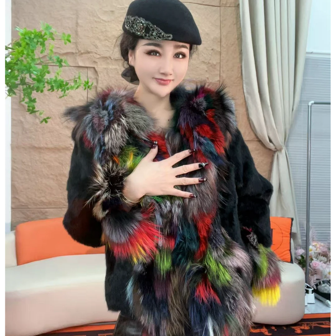 9098【凡家衣橱】冬季新款时尚重工狐狸毛拼接兔毛皮草外套