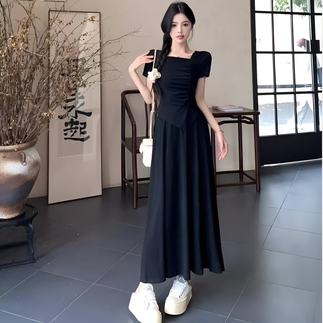 大码夏季气质不规则设计感上衣半身裙套装法式赫本风黑色两件套女