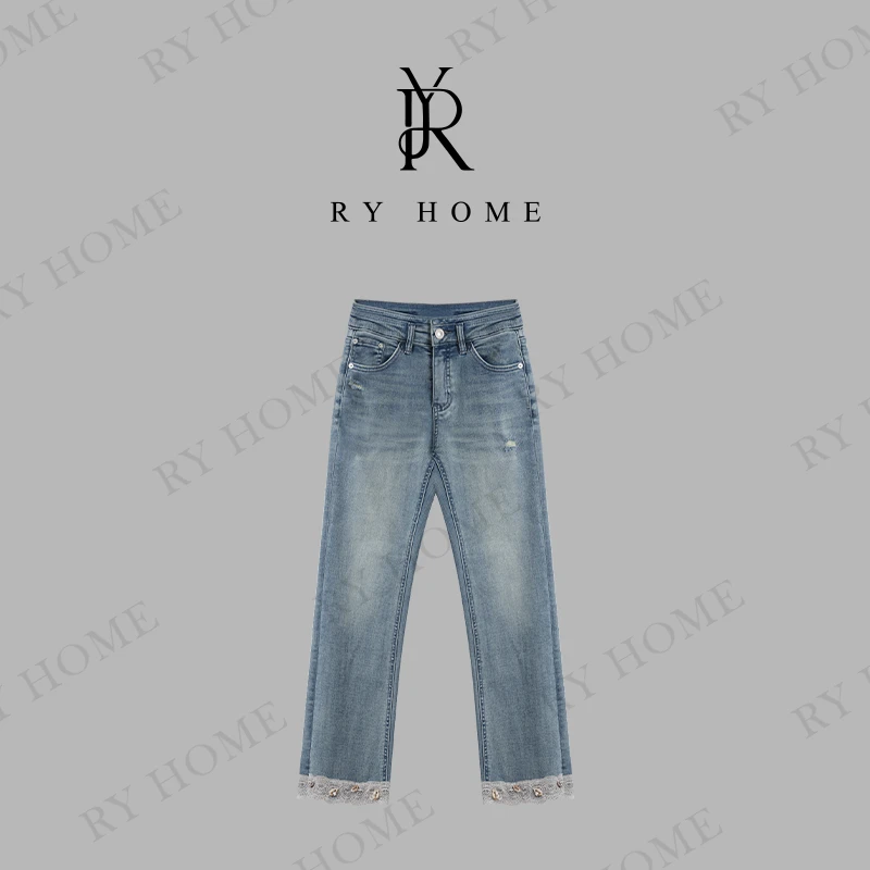 【容雨RYHOME】高腰蕾丝点缀水洗牛仔裤251K2412