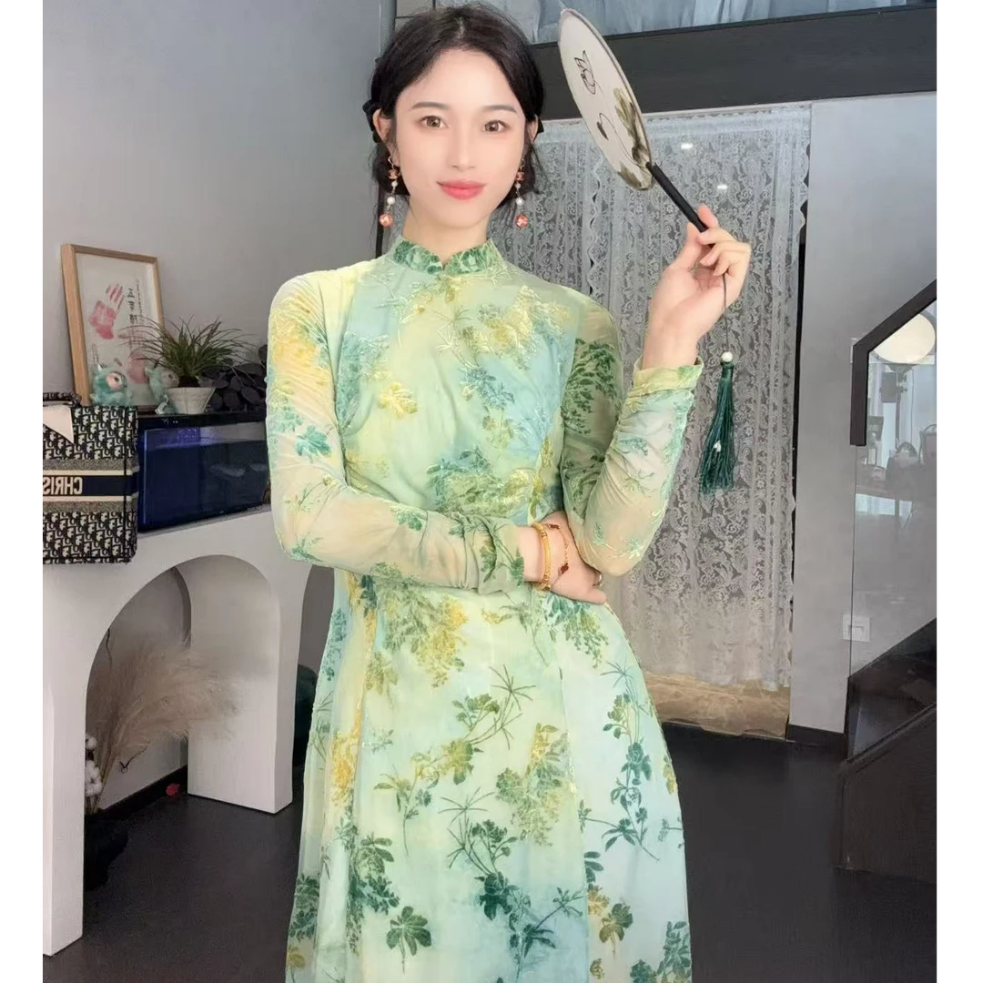 【多多】CIXU瓷叙 惜秋华 扎染植绒弹力修身中式旗袍连衣裙2531S27