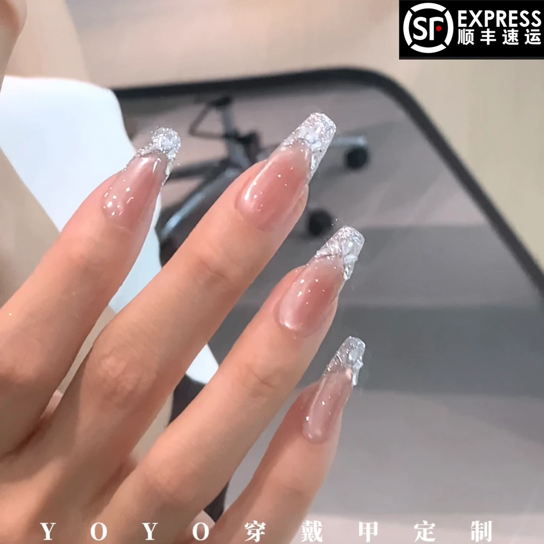 【银钻冰河】纯手工制作气质百搭爆闪双色渐变可拆卸穿戴甲