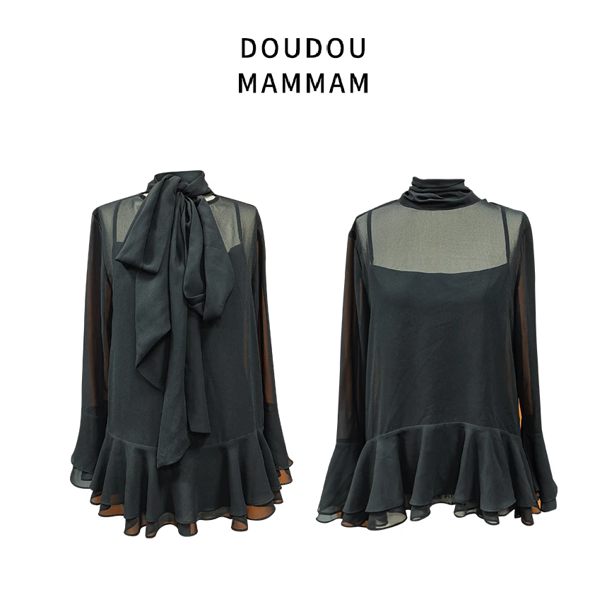 夏季遮肉飘带透视荷叶边黑色雪纺衫