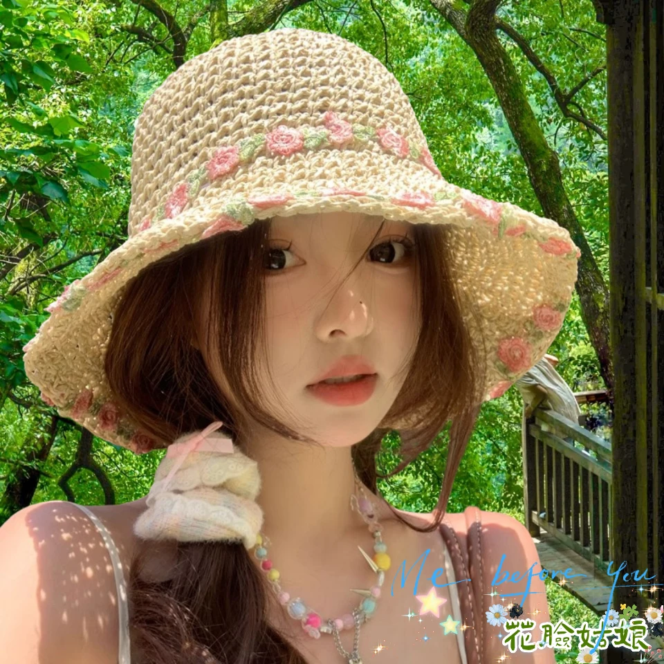 夏季人】新款【1.7万小花编织草帽女田园风2025收藏遮阳海边度假